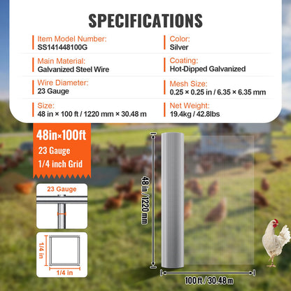 VEVOR Hardware Cloth 1/4 inch 48 inch x 100 ft 23 Gauge Chicken Wire Fence, Hot-Dip Galvanized After Welding Metal Wire Mesh Roll, Garden Plant Welded Fencing Roll Supports Poultry Netting Cage Fence - DXGSWL23GA48XBSZ4001V0 - view 8
