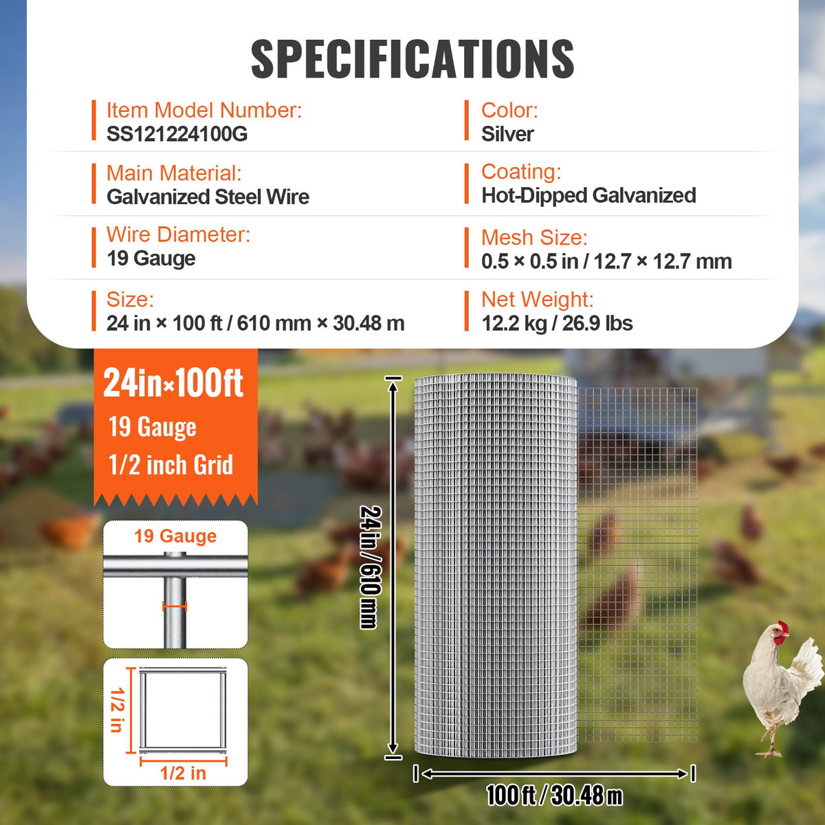 VEVOR Hardware Cloth, 1/2 inch 24in x 100 ft 19 Gauge, Hot Dipped Galvanized Wire Mesh Roll, Chicken Wire Fencing, Wire Mesh for Rabbit Cages, Garden, Small Rodents - DXGSWL24IN10QAYFCV0 - view 8