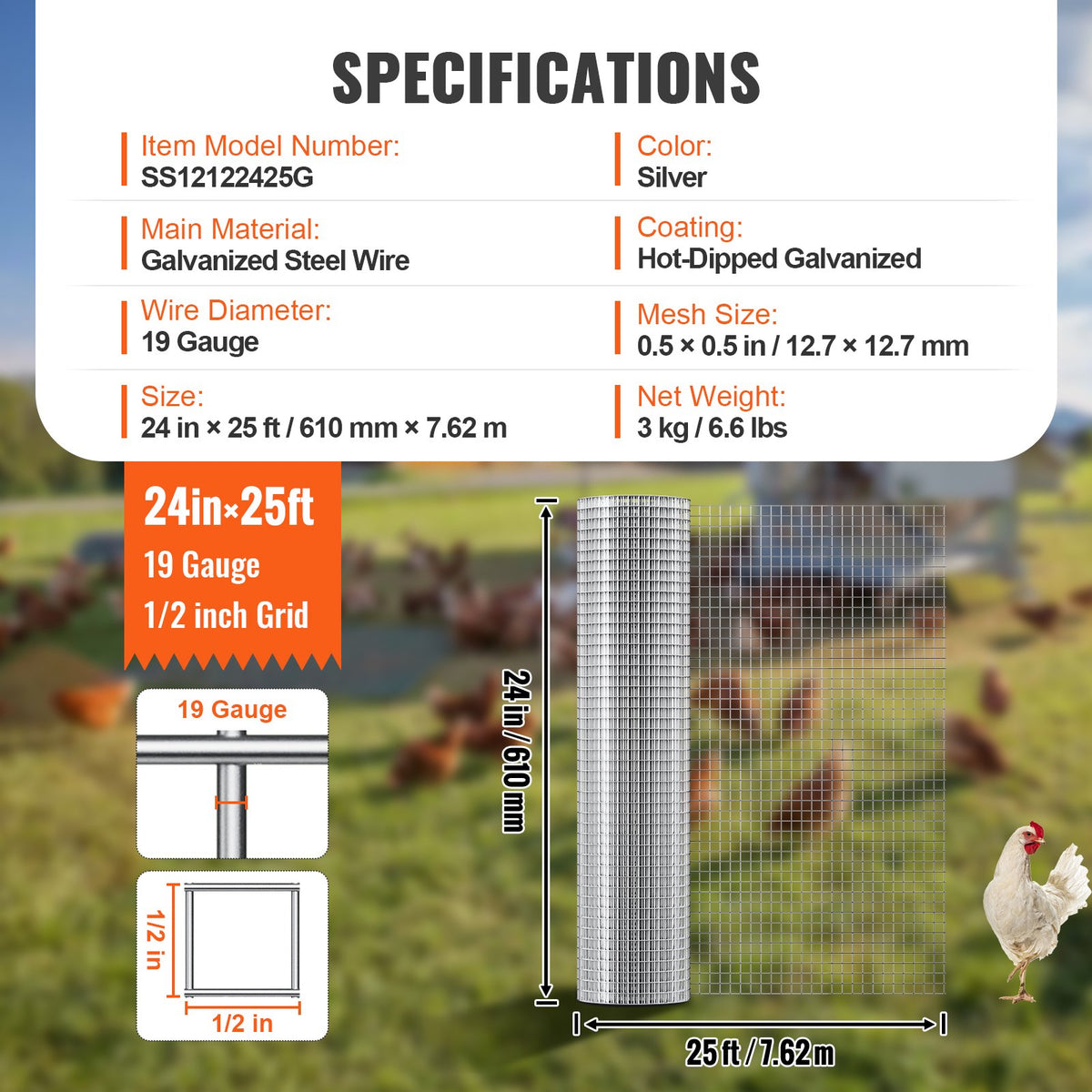 VEVOR Hardware Cloth, 1/2 inch 24in x 25 ft 19 Gauge, Hot Dipped Galvanized Wire Mesh Roll, Chicken Wire Fencing, Wire Mesh for Rabbit Cages, Garden, Small Rodents - DXGSWL24IN25CF4GSV0 - view 8