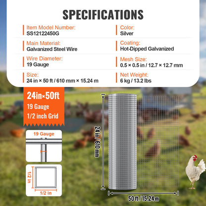VEVOR Hardware Cloth, 1/2 inch 24in x 50 ft 19 Gauge, Hot Dipped Galvanized Wire Mesh Roll, Chicken Wire Fencing, Wire Mesh for Rabbit Cages, Garden, Small Rodents - DXGSWL24IN50VEYSJV0 - view 8