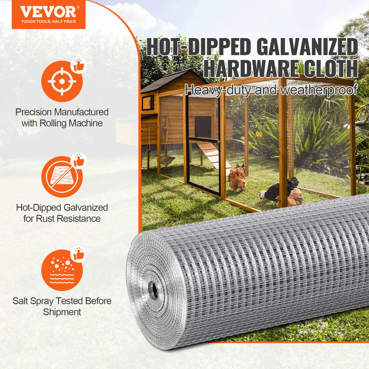 VEVOR Hardware Cloth, 1/2 inch 36in x 100 ft 19 Gauge, Hot Dipped Galvanized Wire Mesh Roll, Chicken Wire Fencing, Wire Mesh for Rabbit Cages, Garden, Small Rodents - DXGSWL36IN10HWQKBV0 - view 3