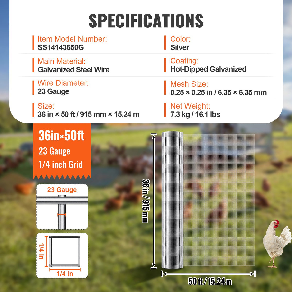 VEVOR Hardware Cloth, 1/4 inch 36in x 50 ft 23 Gauge, Hot Dipped Galvanized Wire Mesh Roll, Chicken Wire Fencing, Wire Mesh for Rabbit Cages, Garden, Small Rodents - DXGSWL36IN50RFBR9V0 - view 8