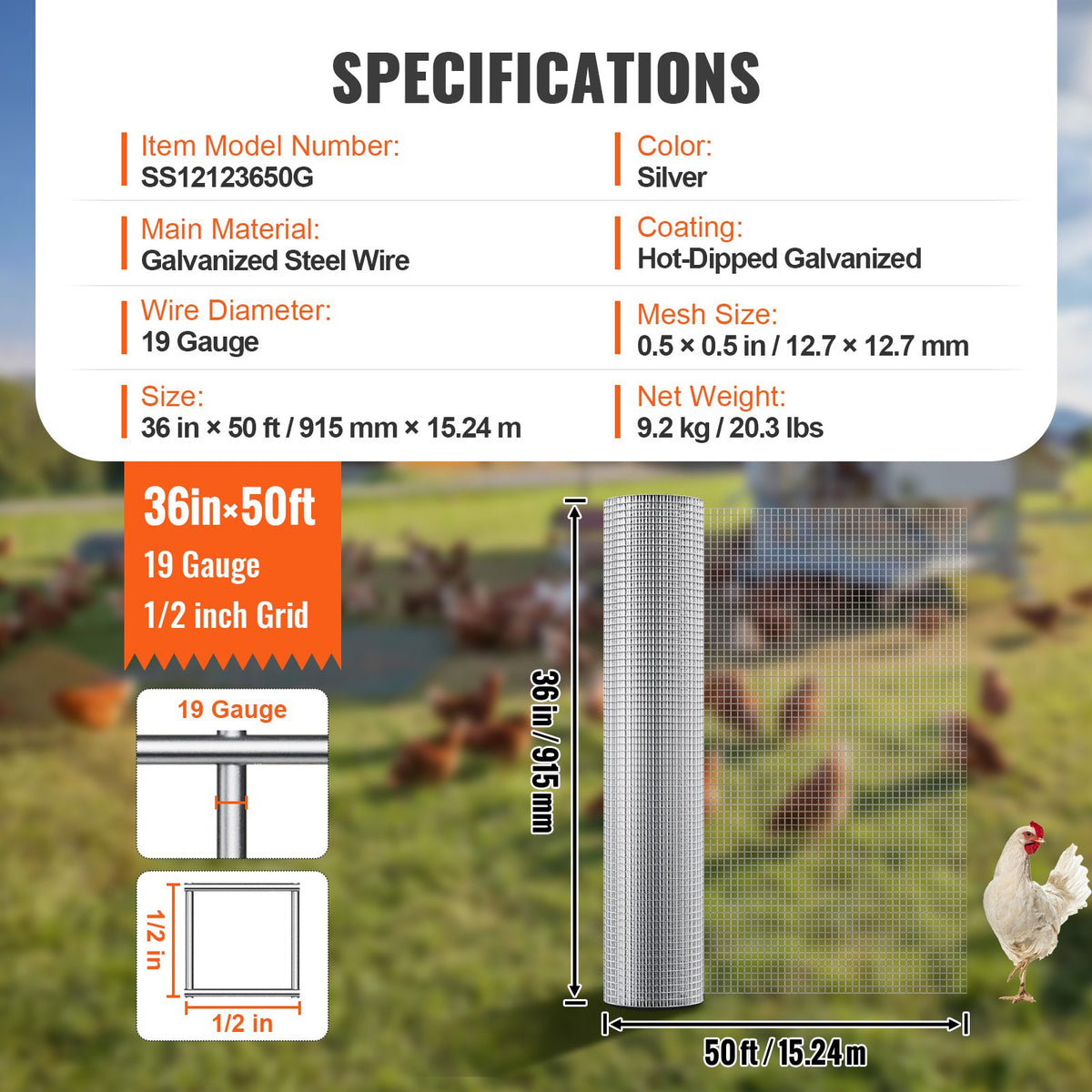 VEVOR Hardware Cloth, 1/2 inch 36in x 50 ft 19 Gauge, Hot Dipped Galvanized Wire Mesh Roll, Chicken Wire Fencing, Wire Mesh for Rabbit Cages, Garden, Small Rodents - DXGSWL36IN50YISK6V0 - view 8