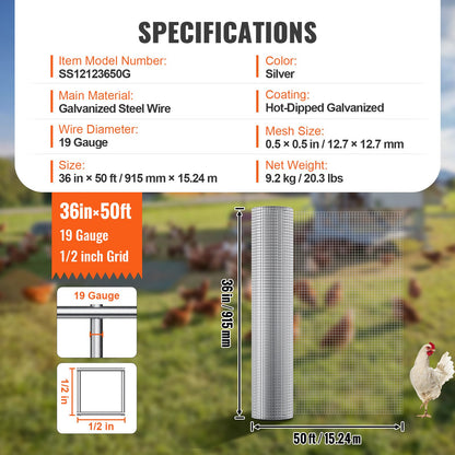 VEVOR Hardware Cloth, 1/2 inch 36in x 50 ft 19 Gauge, Hot Dipped Galvanized Wire Mesh Roll, Chicken Wire Fencing, Wire Mesh for Rabbit Cages, Garden, Small Rodents - DXGSWL36IN50YISK6V0 - view 8