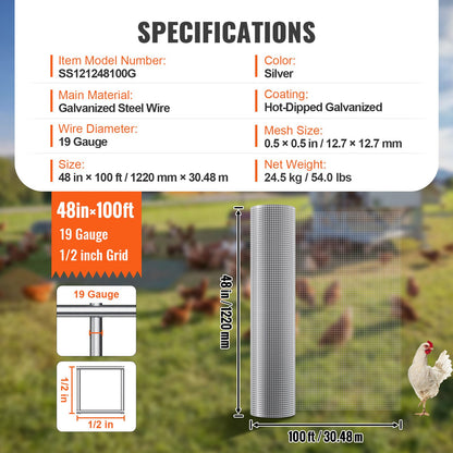 VEVOR Hardware Cloth, 1/2 inch 48in x 100 ft 19 Gauge, Hot Dipped Galvanized Wire Mesh Roll, Chicken Wire Fencing, Wire Mesh for Rabbit Cages, Garden, Small Rodents - DXGSWL48IN10S79Y4V0 - view 8