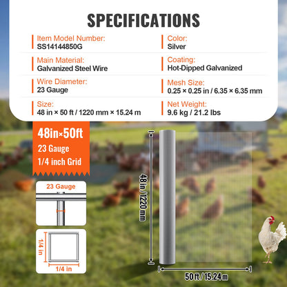 VEVOR Hardware Cloth, 1/4 inch 48in x 50 ft 23 Gauge, Hot Dipped Galvanized Wire Mesh Roll, Chicken Wire Fencing, Wire Mesh for Rabbit Cages, Garden, Small Rodents - DXGSWL48IN50W2KWSV0 - view 8