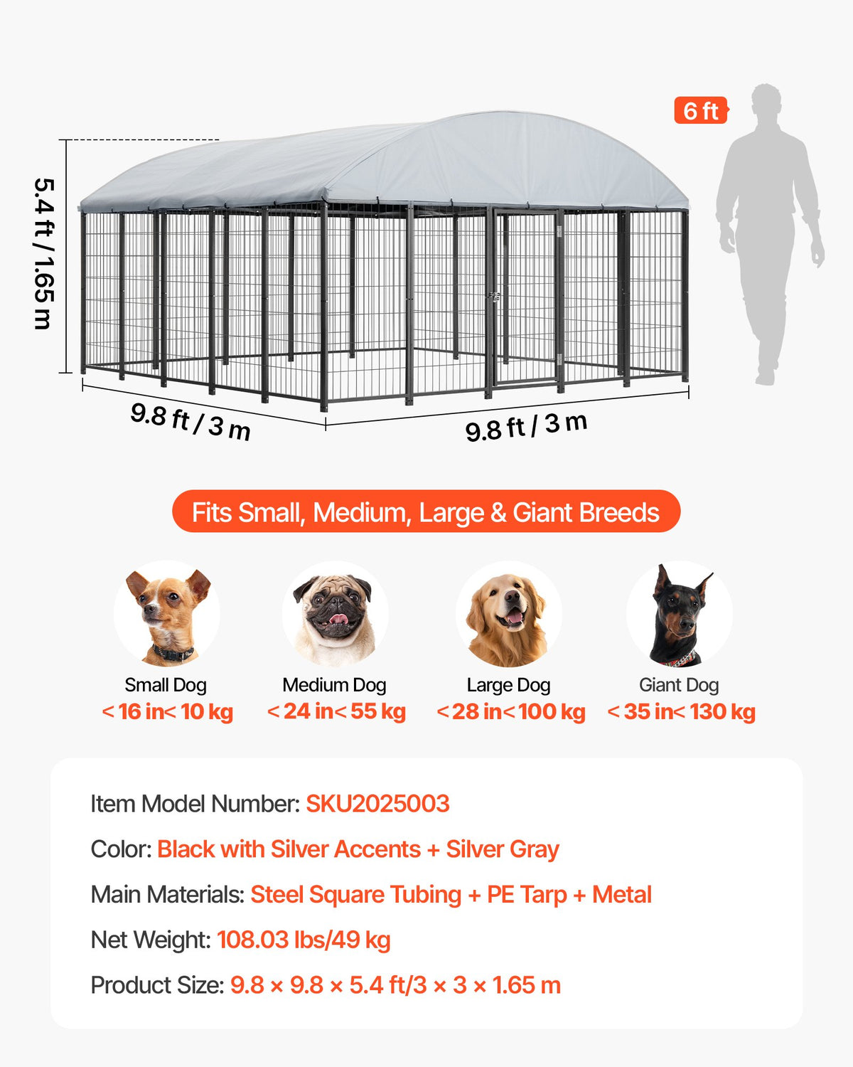 VEVOR Outdoor Dog Kennel, 9.8 x 9.8 x 5.4 ft Large Dog Kennel with Secure Lock, Outside Dogs Enclosures with UV-Resistant & Waterproof Roof Cover, Heavy Duty Pet Crate Cage Run for Large Dogs - DXHWQSHS10109DU9O002V0 - view 8
