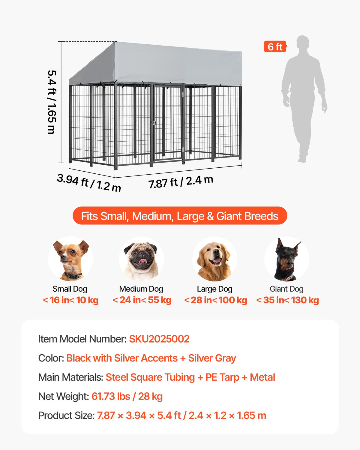 VEVOR Outdoor Dog Kennel, 7.87 x 3.94 x 5.4 ft Large Dog Kennel with Secure Lock, Outside Dogs Enclosures with UV-Resistant & Waterproof Roof Cover, Heavy Duty Pet Crate Cage Run for Large Dogs - DXHWQSHS846FF33P3002V0 - view 8