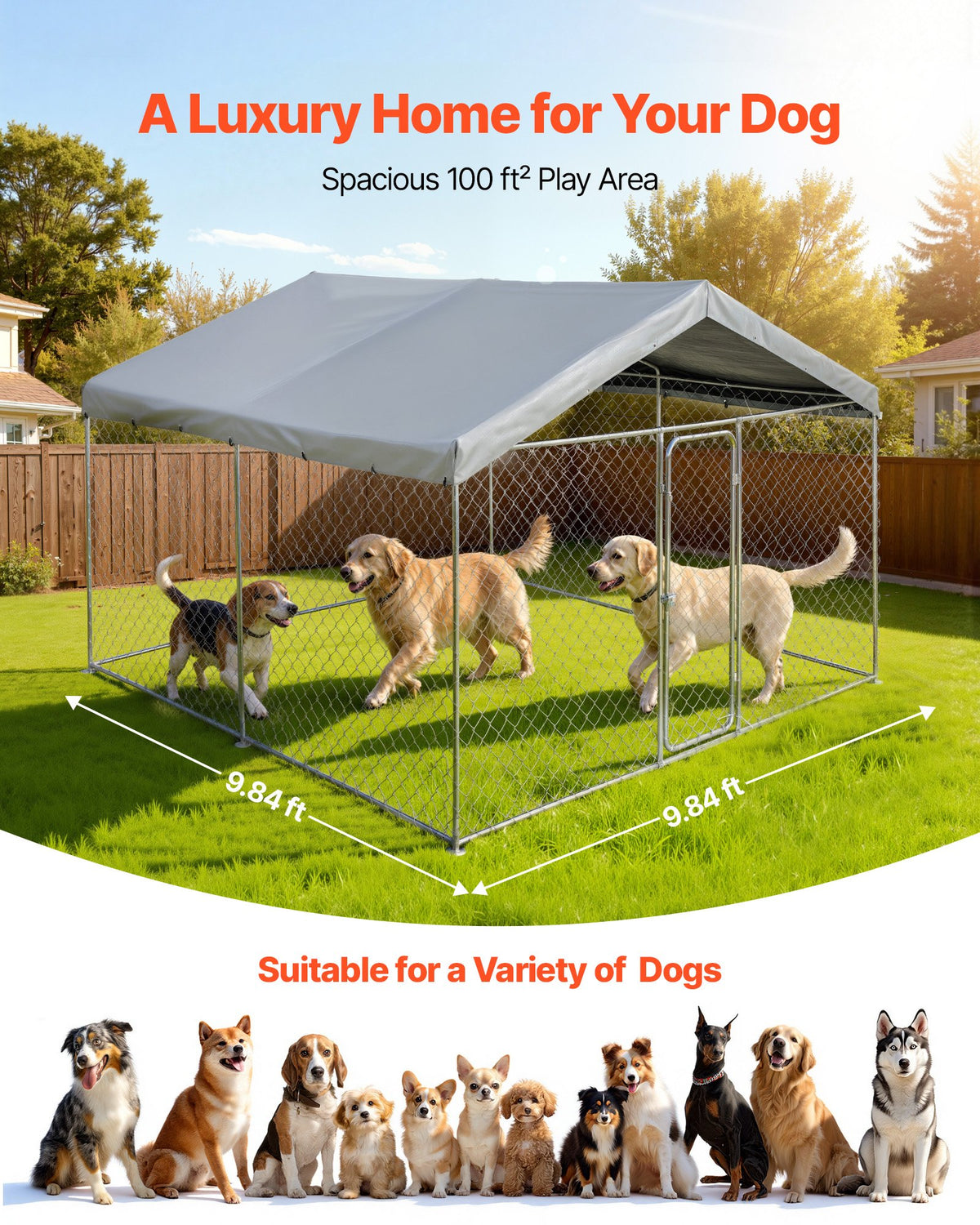 VEVOR Outdoor Dog Kennel, 9.84 x 9.84 x 7.05 ft Large Dog Kennel with Secure Lock, Outside Dogs Enclosures with UV-Resistant & Waterproof Roof Cover, Heavy Duty Pet Crate Cage Run for Large Dogs - DXHWQSYS1010X1043001V0 - view 5