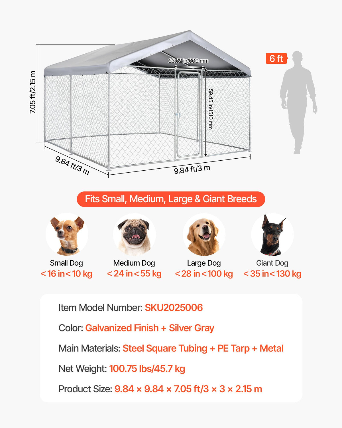 VEVOR Outdoor Dog Kennel, 9.84 x 9.84 x 7.05 ft Large Dog Kennel with Secure Lock, Outside Dogs Enclosures with UV-Resistant & Waterproof Roof Cover, Heavy Duty Pet Crate Cage Run for Large Dogs - DXHWQSYS1010X1043001V0 - view 8