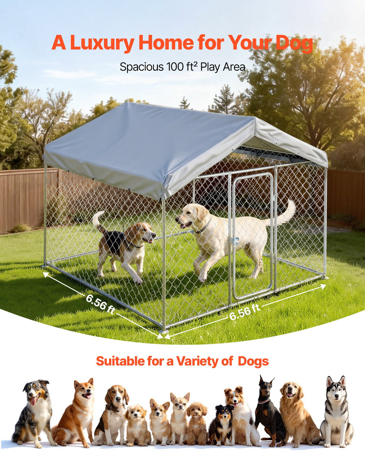 VEVOR Outdoor Dog Kennel, 6.56 x 6.56 x 5.25 ft Large Dog Kennel with Secure Lock, Outside Dogs Enclosures with UV-Resistant & Waterproof Roof Cover, Heavy Duty Pet Crate Cage Run for Large Dogs - DXHWQSYS6565NAQH5002V0 - view 5