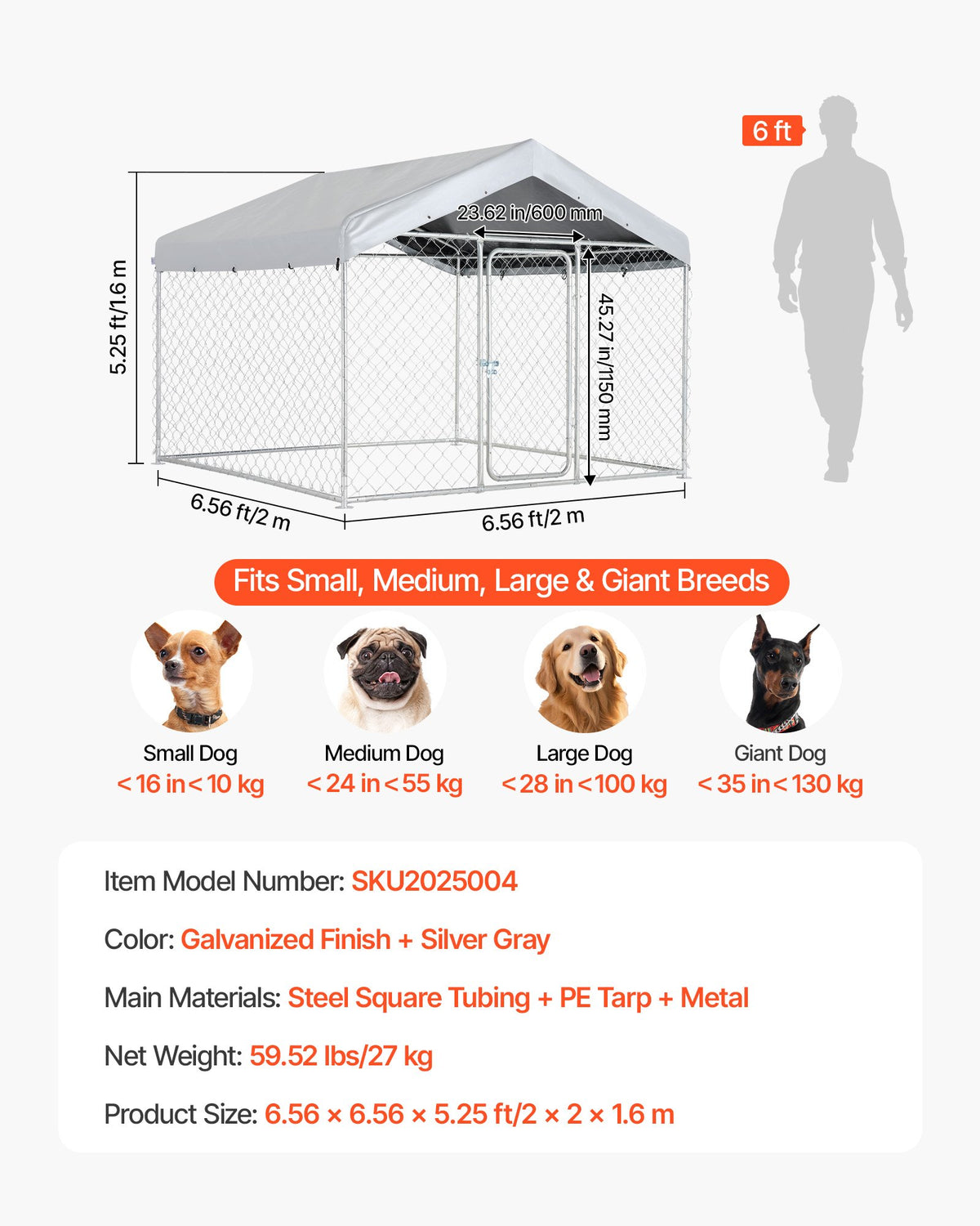 VEVOR Outdoor Dog Kennel, 6.56 x 6.56 x 5.25 ft Large Dog Kennel with Secure Lock, Outside Dogs Enclosures with UV-Resistant & Waterproof Roof Cover, Heavy Duty Pet Crate Cage Run for Large Dogs - DXHWQSYS6565NAQH5002V0 - view 8