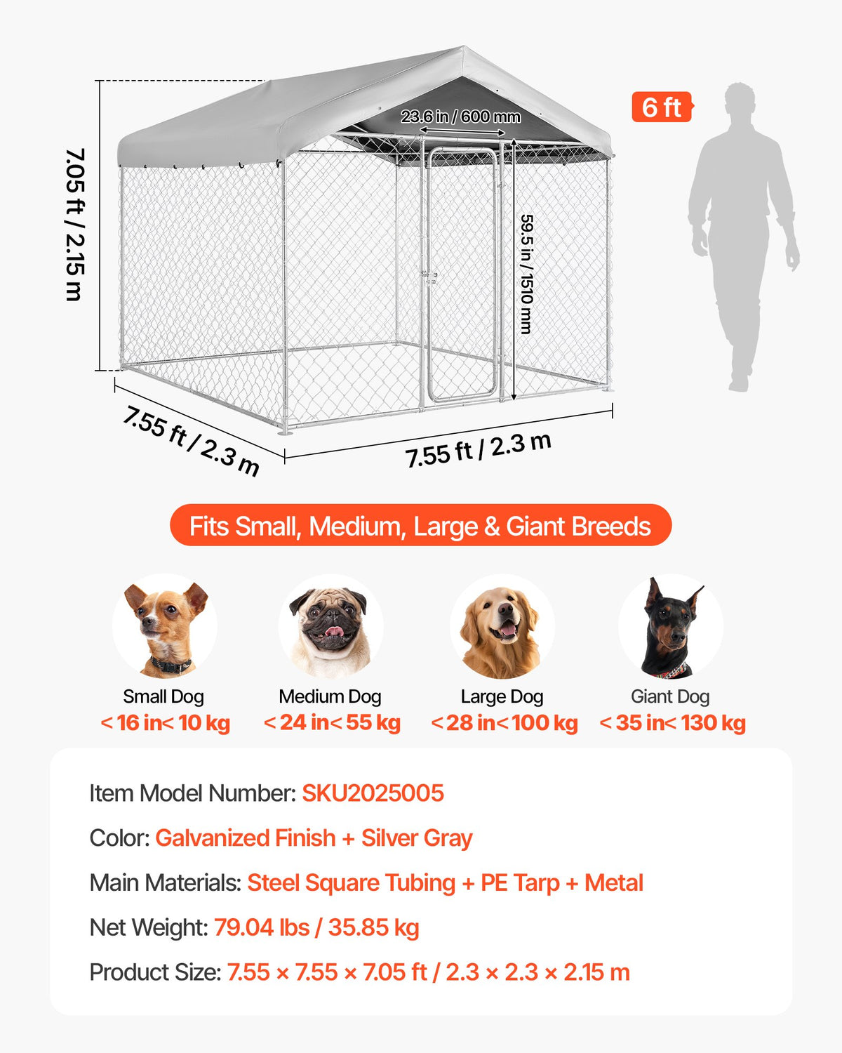 VEVOR Outdoor Dog Kennel, 7.55 x 7.55 x 7.05 ft Large Dog Kennel with Secure Lock, Outside Dogs Enclosures with UV-Resistant & Waterproof Roof Cover, Heavy Duty Pet Crate Cage Run for Large Dogs - DXHWQSYS7575A0KTF001V0 - view 8
