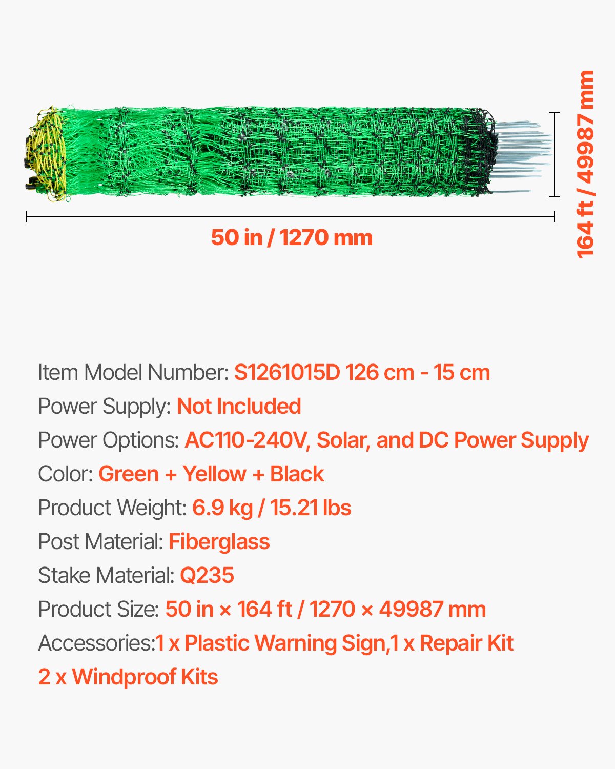 VEVOR Electric Fence Netting, 50" H x 164' L, Livestock Net Fencing with Posts & Stakes, Portable Mesh Nets for Goats, Sheep, Deer, Hogs, Dogs, Electric Fencing for Backyards, Gardens, Farms, Ranches - DXJCWLW50IN1GSPZF001V0 - view 8