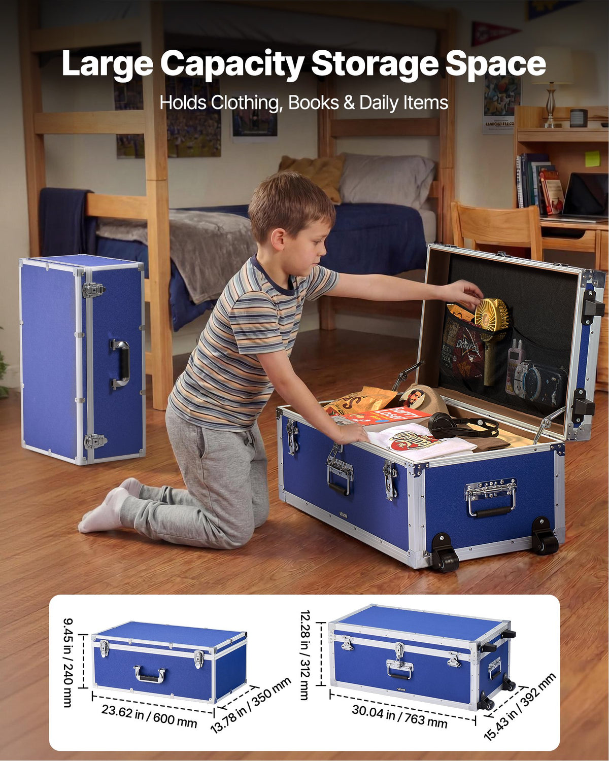 VEVOR Metal Storage Trunk, Set of 2, Wooden Suitcase Storage Boxes with Padlocks, Large Trunk Includes Casters and 3 Metal Handles, Decorative Store Chest with Lids for Travel, Apartment, Dorm, Blue - DXJSCWX2833I4PY3Q001V0 - view 3