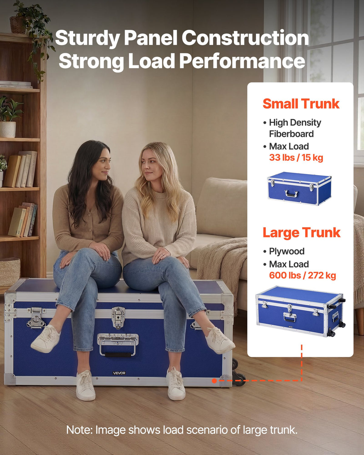 VEVOR Metal Storage Trunk, Set of 2, Wooden Suitcase Storage Boxes with Padlocks, Large Trunk Includes Casters and 3 Metal Handles, Decorative Store Chest with Lids for Travel, Apartment, Dorm, Blue - DXJSCWX2833I4PY3Q001V0 - view 4