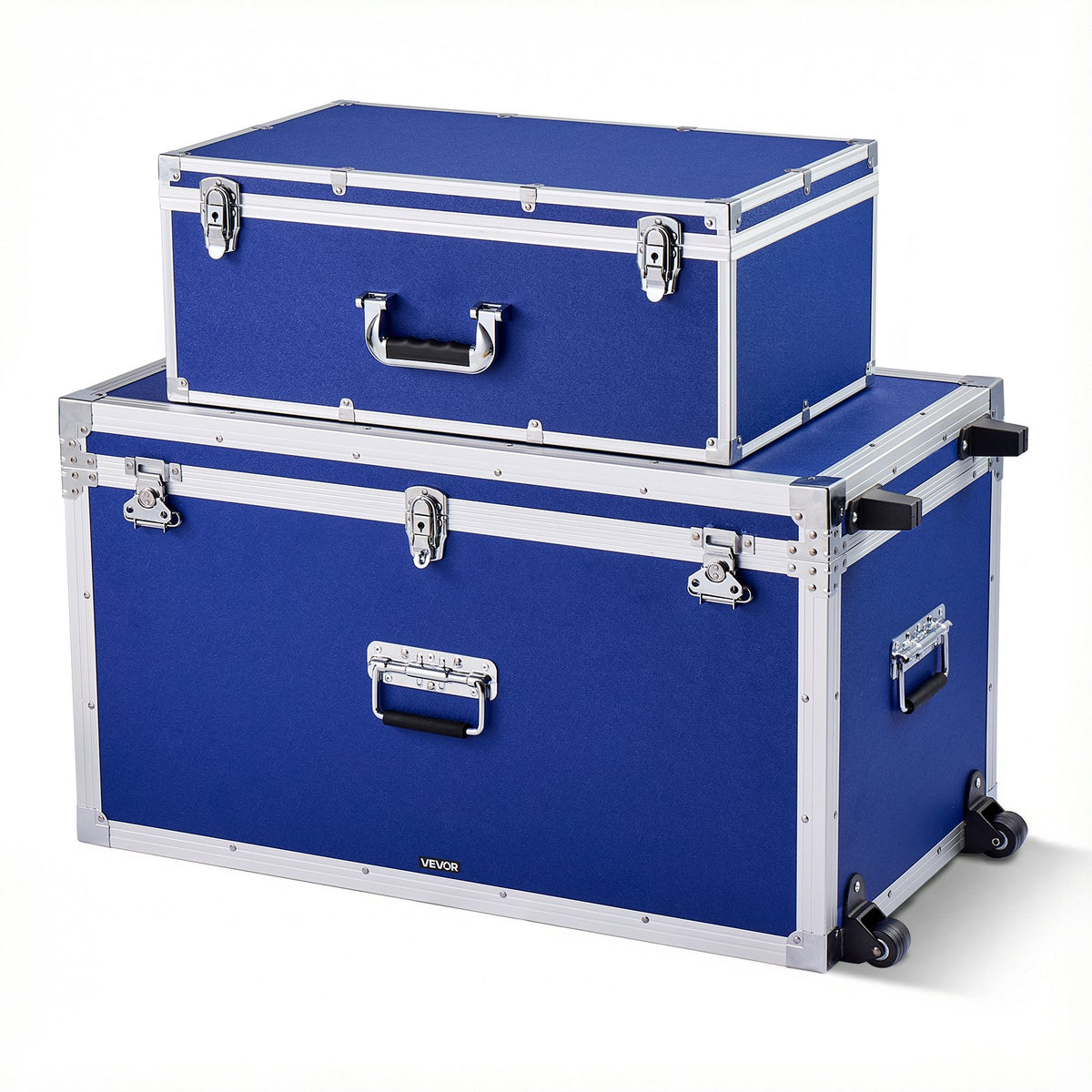 VEVOR Metal Storage Trunk, Set of 2, Wooden Suitcase Storage Boxes with Padlocks, Large Trunk Includes Casters & 3 Metal Handles, Decorative Store Chest with Lids for Travel, Apartment, Dorm, Blue - DXJSCWX2833I76YVY001V0 - view 1