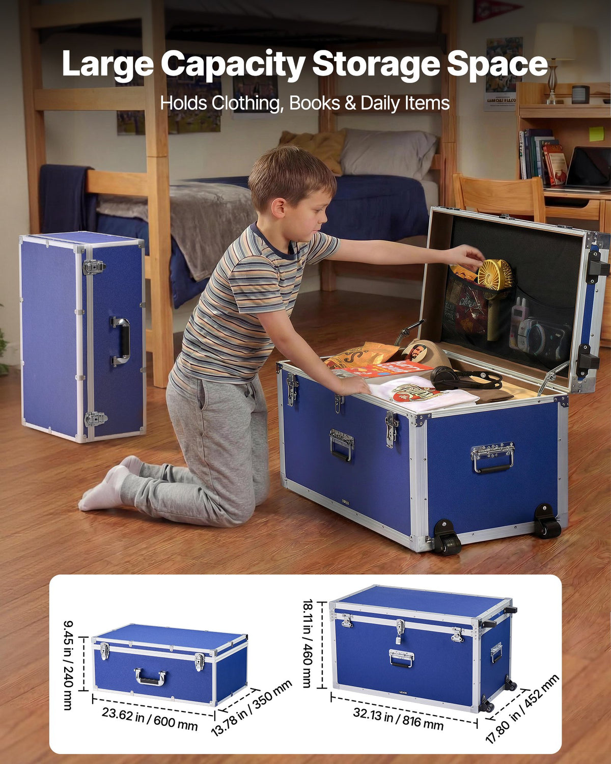 VEVOR Metal Storage Trunk, Set of 2, Wooden Suitcase Storage Boxes with Padlocks, Large Trunk Includes Casters & 3 Metal Handles, Decorative Store Chest with Lids for Travel, Apartment, Dorm, Blue - DXJSCWX2833I76YVY001V0 - view 3