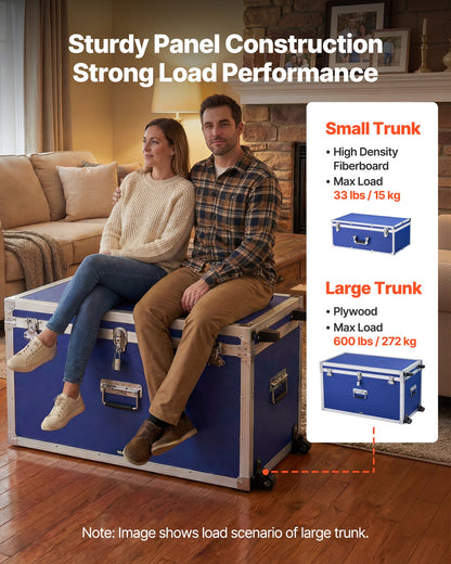 VEVOR Metal Storage Trunk, Set of 2, Wooden Suitcase Storage Boxes with Padlocks, Large Trunk Includes Casters & 3 Metal Handles, Decorative Store Chest with Lids for Travel, Apartment, Dorm, Blue - DXJSCWX2833I76YVY001V0 - view 4