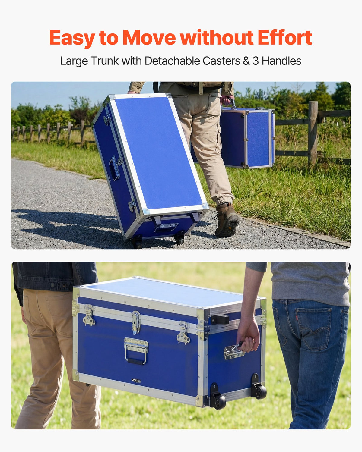 VEVOR Metal Storage Trunk, Set of 2, Wooden Suitcase Storage Boxes with Padlocks, Large Trunk Includes Casters & 3 Metal Handles, Decorative Store Chest with Lids for Travel, Apartment, Dorm, Blue - DXJSCWX2833I76YVY001V0 - view 6
