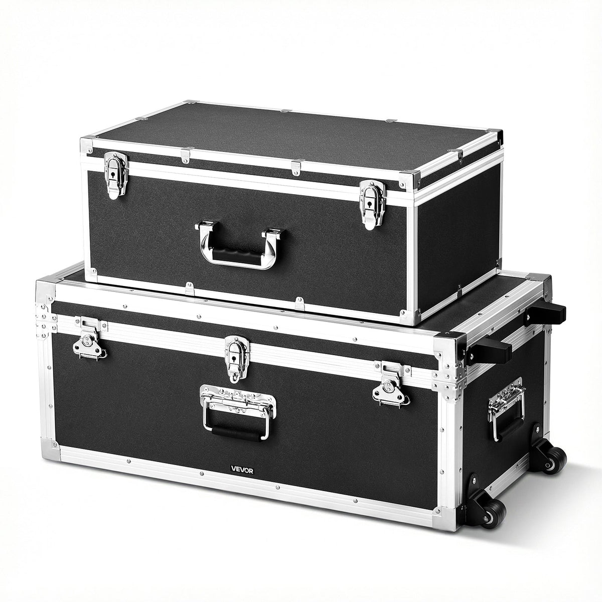 VEVOR Metal Storage Trunk, Set of 2, Wooden Suitcase Storage Boxes with Padlocks, Large Trunk Includes Casters and 3 Metal Handles, Decorative Store Chest with Lids for Travel, Apartment, Dorm, Black - DXJSCWX2833IA1Y32001V0 - view 1