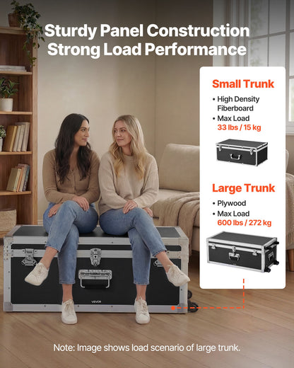 VEVOR Metal Storage Trunk, Set of 2, Wooden Suitcase Storage Boxes with Padlocks, Large Trunk Includes Casters and 3 Metal Handles, Decorative Store Chest with Lids for Travel, Apartment, Dorm, Black - DXJSCWX2833IA1Y32001V0 - view 4