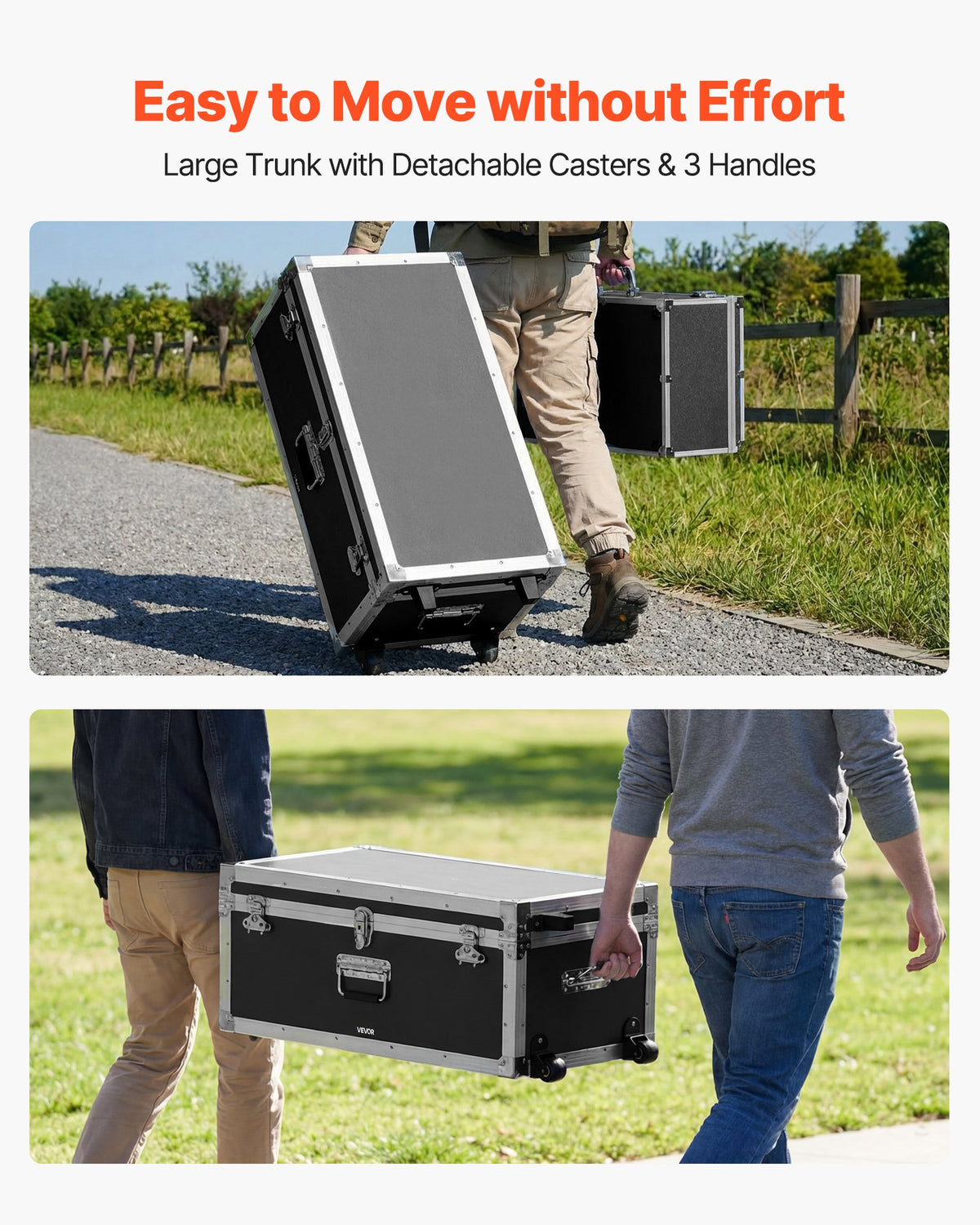 VEVOR Metal Storage Trunk, Set of 2, Wooden Suitcase Storage Boxes with Padlocks, Large Trunk Includes Casters and 3 Metal Handles, Decorative Store Chest with Lids for Travel, Apartment, Dorm, Black - DXJSCWX2833IA1Y32001V0 - view 6
