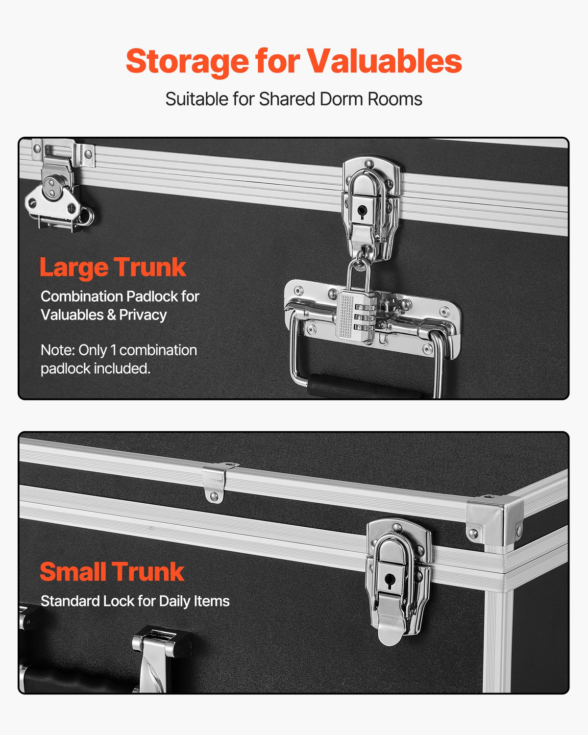 VEVOR Metal Storage Trunk, Set of 2, Wooden Suitcase Storage Boxes with Padlocks, Large Trunk Includes Casters and 3 Metal Handles, Decorative Store Chest with Lids for Travel, Apartment, Dorm, Black - DXJSCWX2833IA1Y32001V0 - view 7