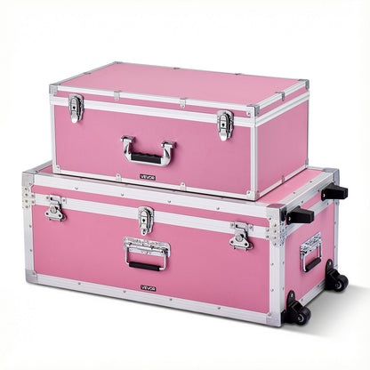 VEVOR Metal Storage Trunk, Set of 2, Wooden Suitcase Storage Boxes with Padlocks, Large Trunk Includes Casters and 3 Metal Handles, Decorative Store Chest with Lids for Travel, Apartment, Dorm, Pink - DXJSCWX2833IBHHOG001V0 - view 1