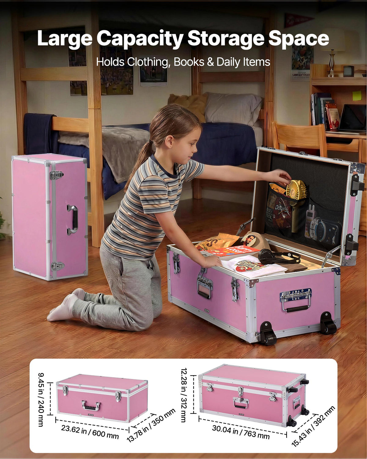 VEVOR Metal Storage Trunk, Set of 2, Wooden Suitcase Storage Boxes with Padlocks, Large Trunk Includes Casters and 3 Metal Handles, Decorative Store Chest with Lids for Travel, Apartment, Dorm, Pink - DXJSCWX2833IBHHOG001V0 - view 3