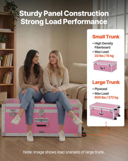 VEVOR Metal Storage Trunk, Set of 2, Wooden Suitcase Storage Boxes with Padlocks, Large Trunk Includes Casters and 3 Metal Handles, Decorative Store Chest with Lids for Travel, Apartment, Dorm, Pink - DXJSCWX2833IBHHOG001V0 - view 4