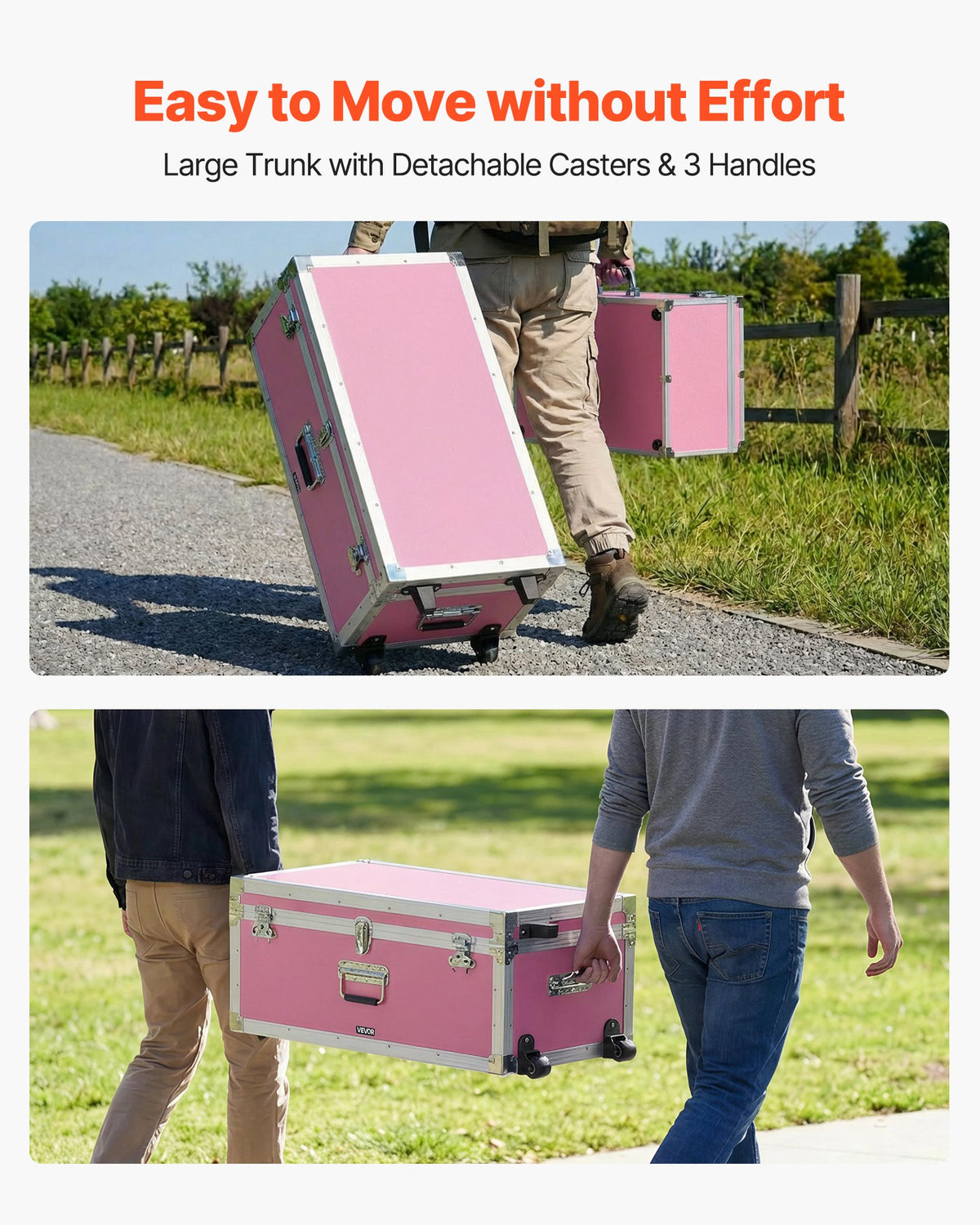 VEVOR Metal Storage Trunk, Set of 2, Wooden Suitcase Storage Boxes with Padlocks, Large Trunk Includes Casters and 3 Metal Handles, Decorative Store Chest with Lids for Travel, Apartment, Dorm, Pink - DXJSCWX2833IBHHOG001V0 - view 6