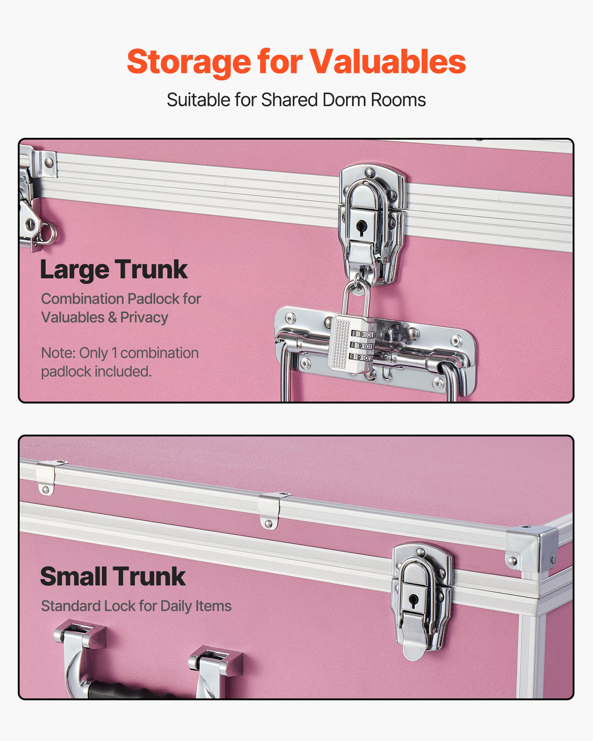 VEVOR Metal Storage Trunk, Set of 2, Wooden Suitcase Storage Boxes with Padlocks, Large Trunk Includes Casters and 3 Metal Handles, Decorative Store Chest with Lids for Travel, Apartment, Dorm, Pink - DXJSCWX2833IBHHOG001V0 - view 7