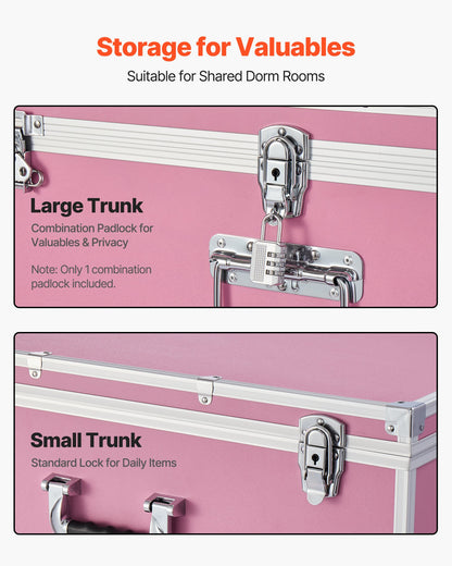 VEVOR Metal Storage Trunk, Set of 2, Wooden Suitcase Storage Boxes with Padlocks, Large Trunk Includes Casters and 3 Metal Handles, Decorative Store Chest with Lids for Travel, Apartment, Dorm, Pink - DXJSCWX2833IBHHOG001V0 - view 7