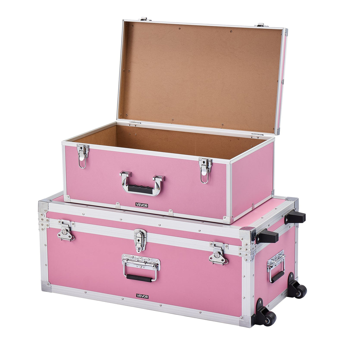 VEVOR Metal Storage Trunk, Set of 2, Wooden Suitcase Storage Boxes with Padlocks, Large Trunk Includes Casters and 3 Metal Handles, Decorative Store Chest with Lids for Travel, Apartment, Dorm, Pink - DXJSCWX2833IBHHOG001V0 - view 10