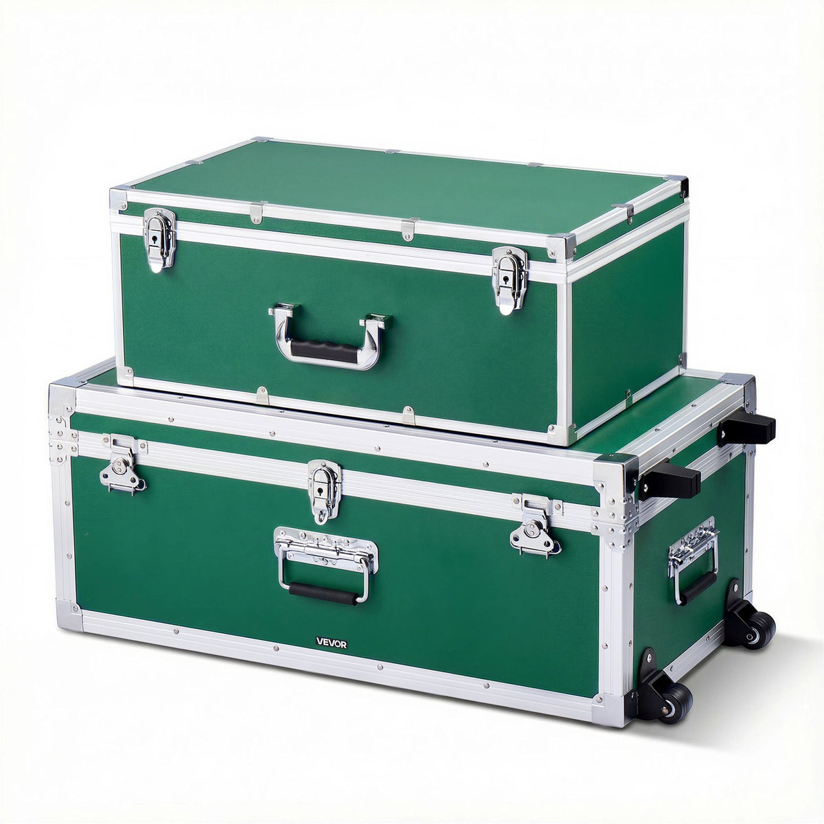 VEVOR Metal Storage Trunk, Set of 2, Wooden Suitcase Storage Boxes with Padlocks, Large Trunk Includes Casters and 3 Metal Handles, Decorative Store Chest with Lids for Travel, Apartment, Dorm, Green - DXJSCWX2833IGYTM5001V0 - view 1