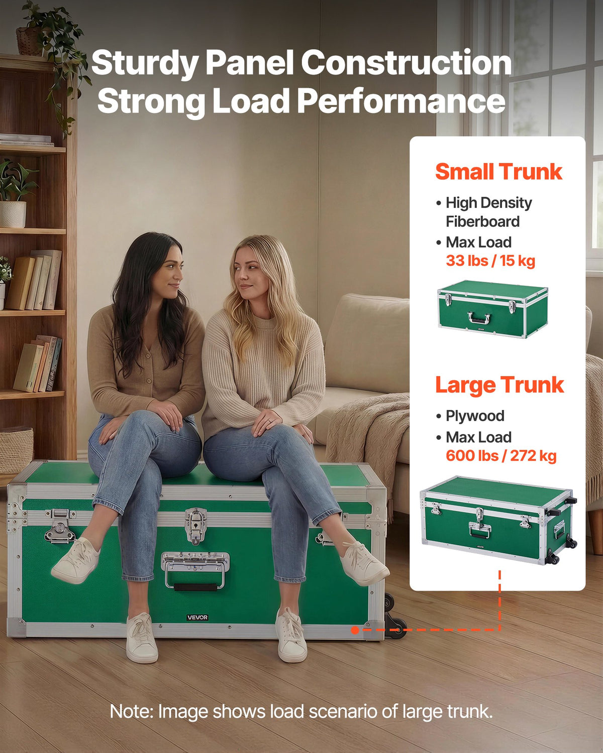VEVOR Metal Storage Trunk, Set of 2, Wooden Suitcase Storage Boxes with Padlocks, Large Trunk Includes Casters and 3 Metal Handles, Decorative Store Chest with Lids for Travel, Apartment, Dorm, Green - DXJSCWX2833IGYTM5001V0 - view 4
