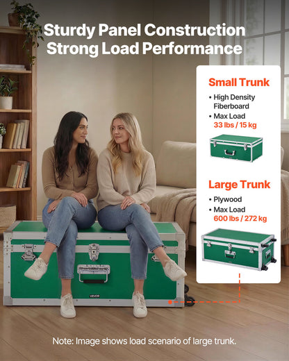 VEVOR Metal Storage Trunk, Set of 2, Wooden Suitcase Storage Boxes with Padlocks, Large Trunk Includes Casters and 3 Metal Handles, Decorative Store Chest with Lids for Travel, Apartment, Dorm, Green - DXJSCWX2833IGYTM5001V0 - view 4