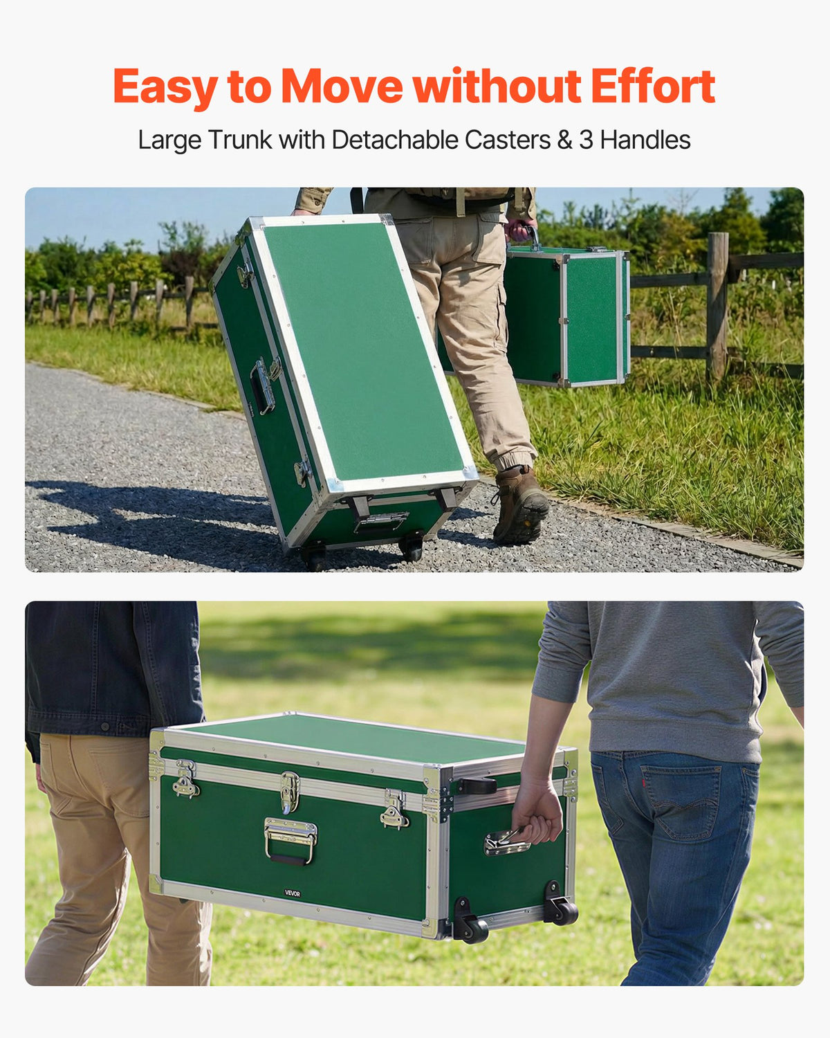 VEVOR Metal Storage Trunk, Set of 2, Wooden Suitcase Storage Boxes with Padlocks, Large Trunk Includes Casters and 3 Metal Handles, Decorative Store Chest with Lids for Travel, Apartment, Dorm, Green - DXJSCWX2833IGYTM5001V0 - view 6