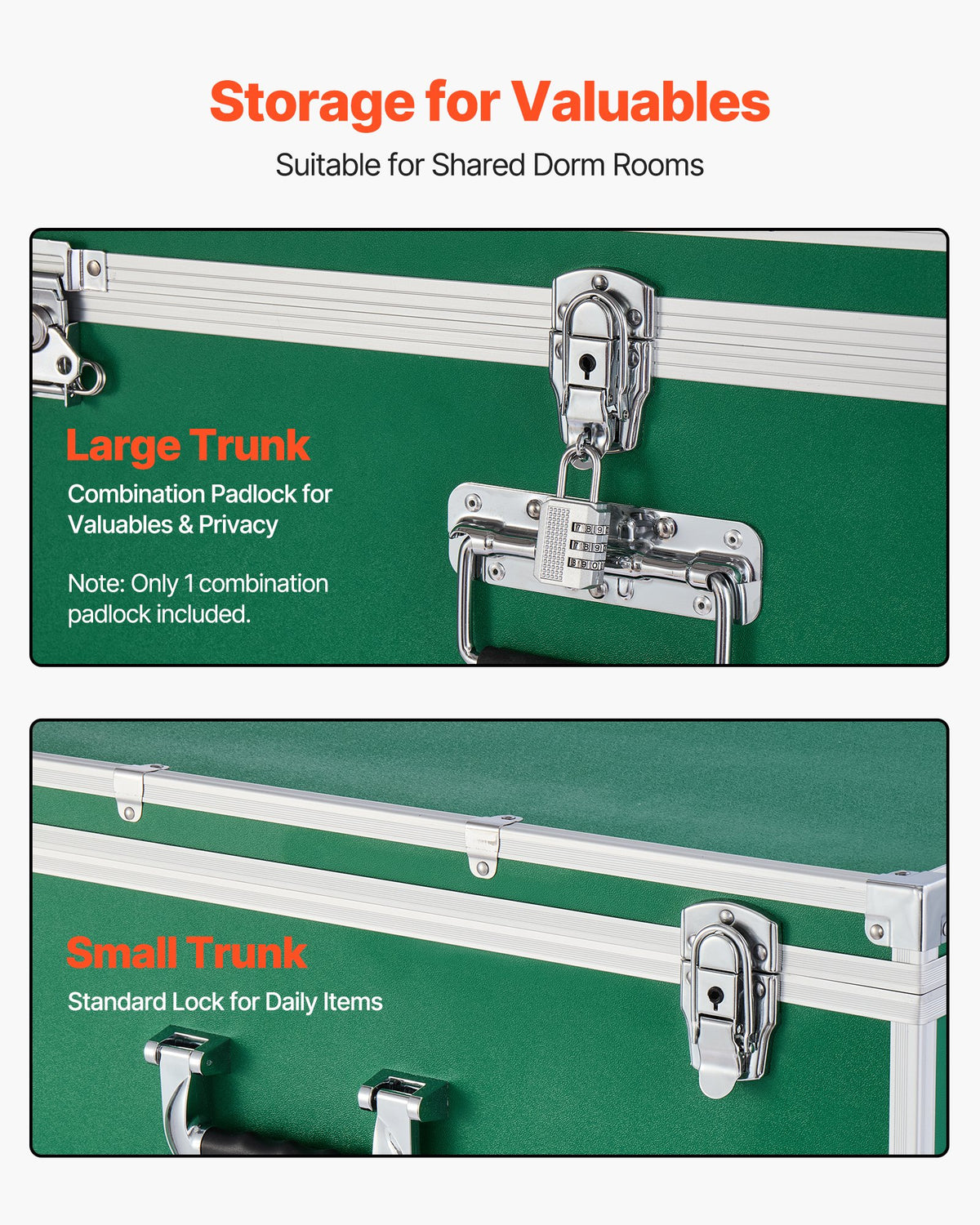 VEVOR Metal Storage Trunk, Set of 2, Wooden Suitcase Storage Boxes with Padlocks, Large Trunk Includes Casters and 3 Metal Handles, Decorative Store Chest with Lids for Travel, Apartment, Dorm, Green - DXJSCWX2833IGYTM5001V0 - view 7