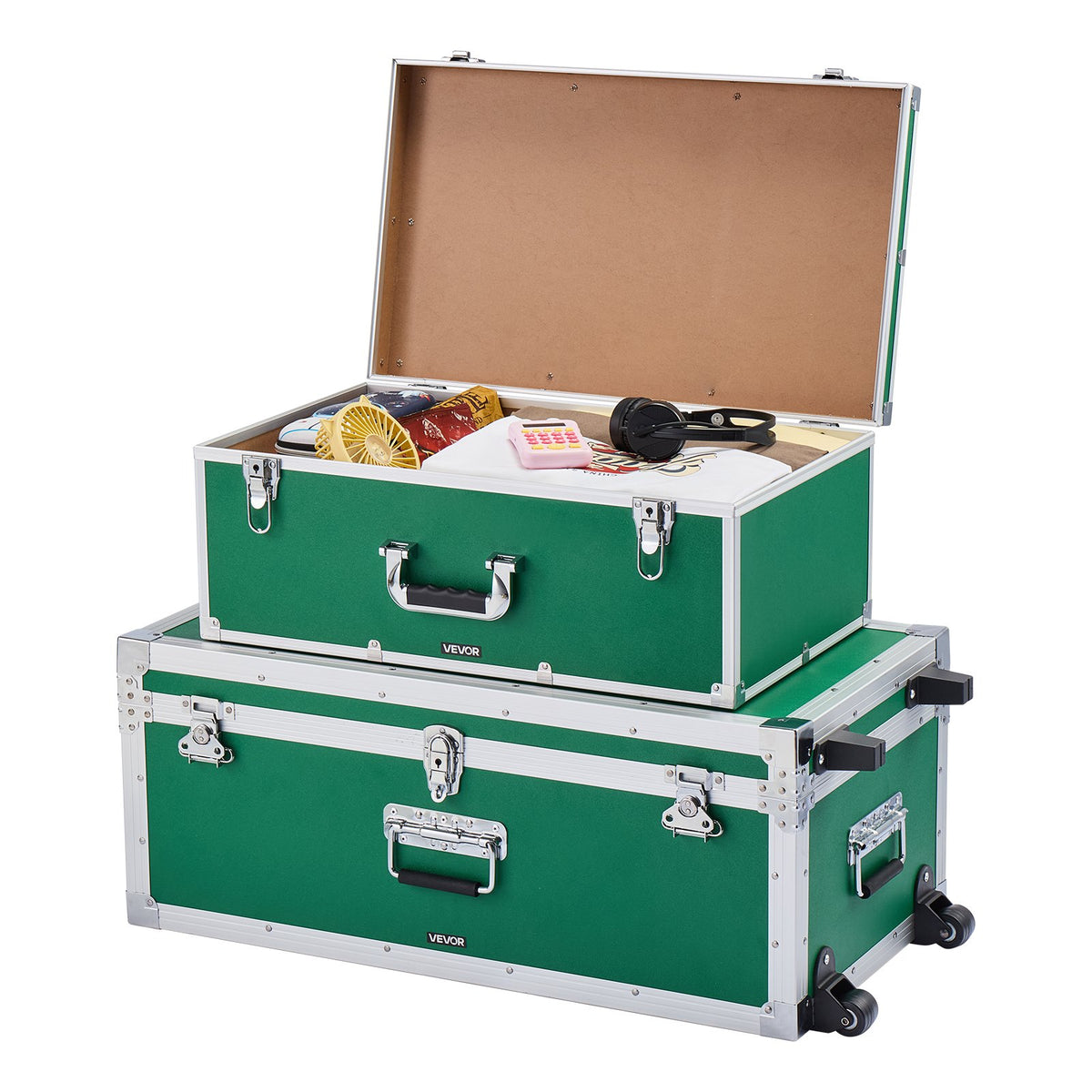 VEVOR Metal Storage Trunk, Set of 2, Wooden Suitcase Storage Boxes with Padlocks, Large Trunk Includes Casters and 3 Metal Handles, Decorative Store Chest with Lids for Travel, Apartment, Dorm, Green - DXJSCWX2833IGYTM5001V0 - view 10