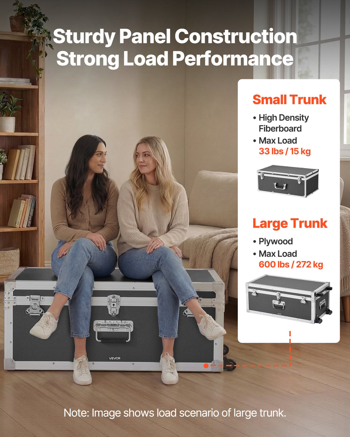 VEVOR Metal Storage Trunk, Set of 2, Wooden Suitcase Storage Boxes with Padlocks, Large Trunk Includes Casters and 3 Metal Handles, Decorative Store Chest with Lids for Travel, Apartment, Dorm, Gray - DXJSCWX2833IHUG4D001V0 - view 4