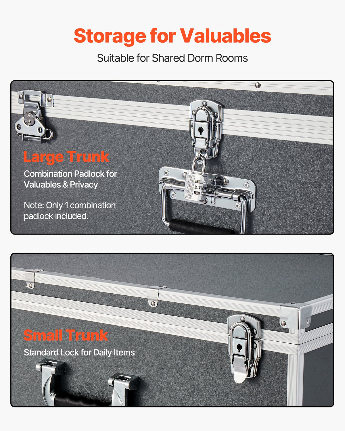 VEVOR Metal Storage Trunk, Set of 2, Wooden Suitcase Storage Boxes with Padlocks, Large Trunk Includes Casters and 3 Metal Handles, Decorative Store Chest with Lids for Travel, Apartment, Dorm, Gray - DXJSCWX2833IHUG4D001V0 - view 7