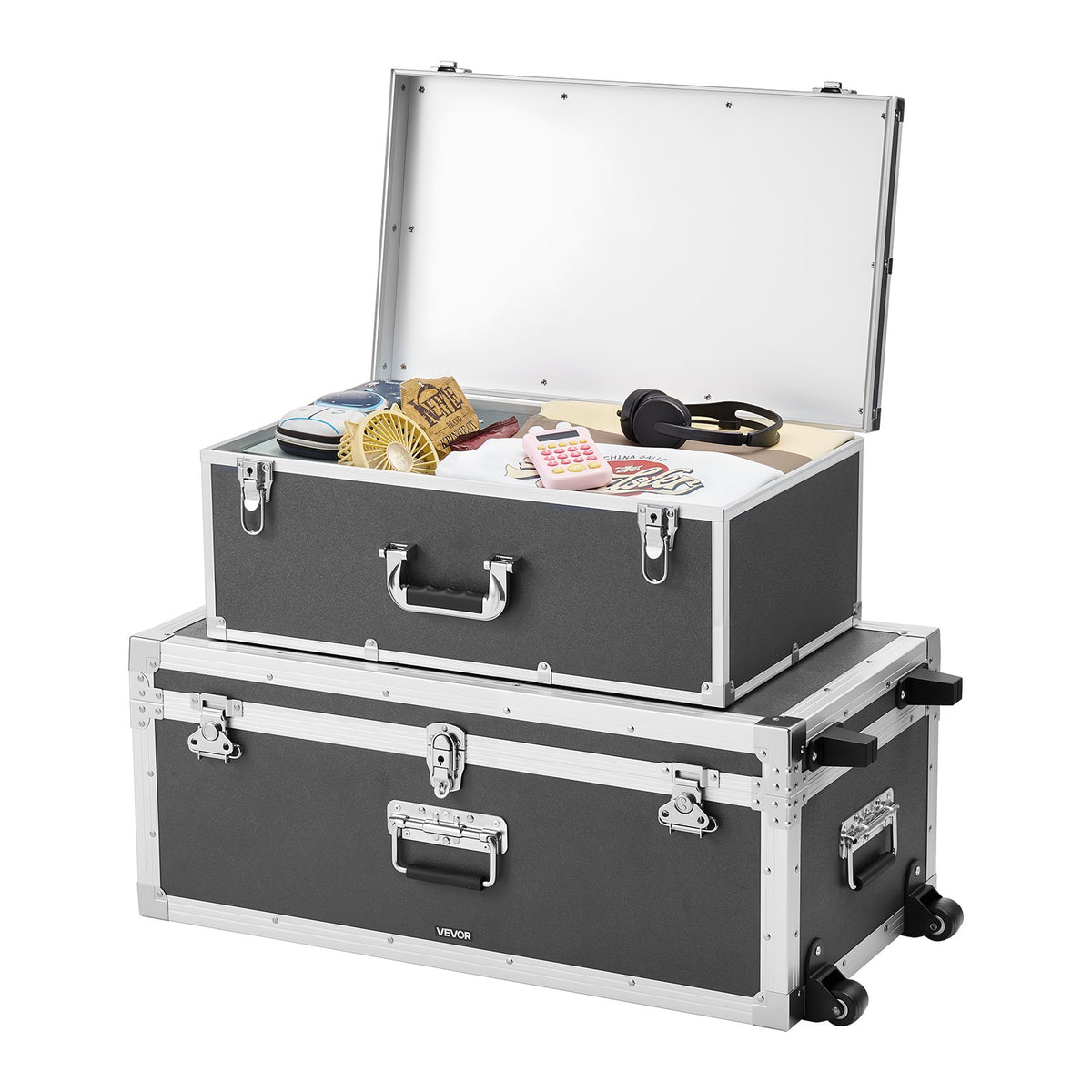 VEVOR Metal Storage Trunk, Set of 2, Wooden Suitcase Storage Boxes with Padlocks, Large Trunk Includes Casters and 3 Metal Handles, Decorative Store Chest with Lids for Travel, Apartment, Dorm, Gray - DXJSCWX2833IHUG4D001V0 - view 10
