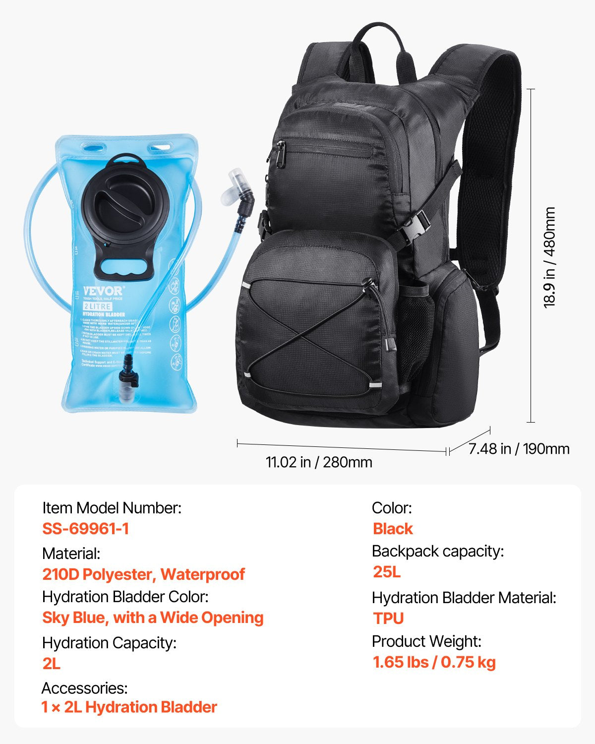 VEVOR Hydration Backpack, 25L Insulated Hydration Pack Backpack with 2L TPU Water Bladder, Hiking Water Backpack with Storage for Men Women, Hydro Water Daypack for Hiking Running Cycling Camping - DXKSDBHSCGK0UYYM0V0 - view 8