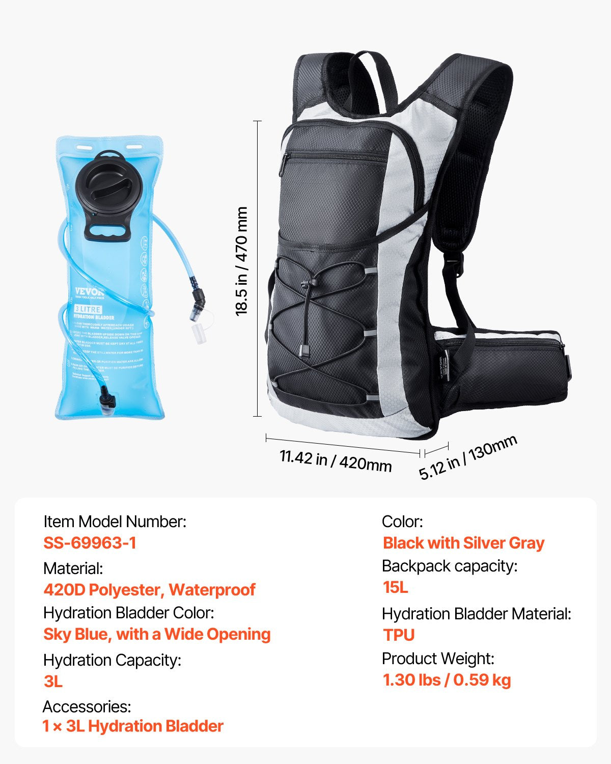 VEVOR Hydration Backpack, 15L Insulated Hydration Pack Backpack with 3L TPU Water Bladder, Hiking Water Backpack with Storage for Men Women, Hydro Water Daypack for Hiking Runnin Hiking Cycling Camping - DXKSDBHSCYK0I6WS9V0 - view 8