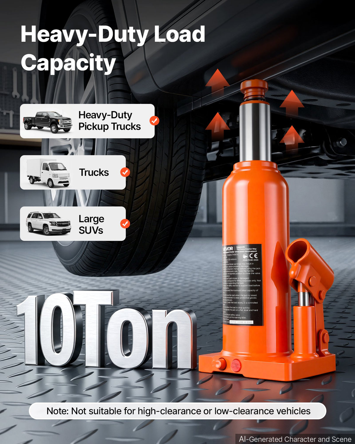 VEVOR Hydraulic Bottle Jack 10 Ton (22046.2 lbs) 9.06"-17.32" Lifting Range, for Heavy-Duty Pickup Truck, Truck, Large SUV, Auto Repair and House Lift, Multi-Directional Welded Jack with Long Handle - DXPSQJD10TZJDFA9A001V0 - view 3