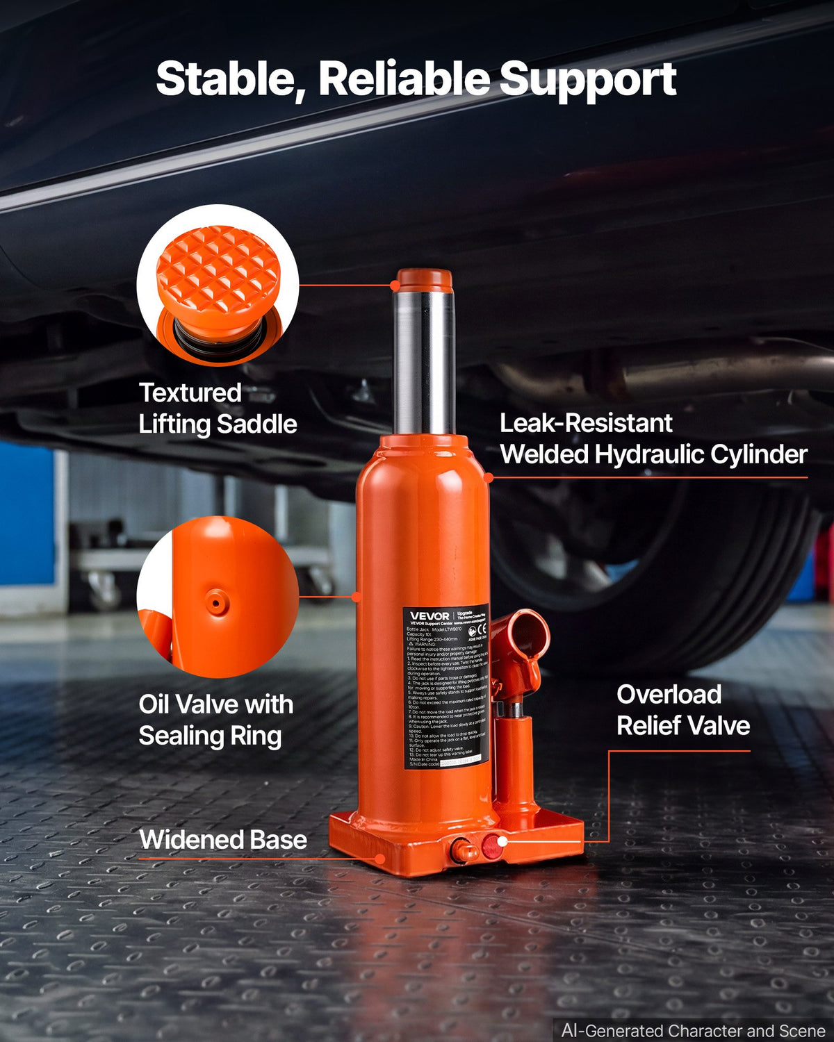 VEVOR Hydraulic Bottle Jack 10 Ton (22046.2 lbs) 9.06"-17.32" Lifting Range, for Heavy-Duty Pickup Truck, Truck, Large SUV, Auto Repair and House Lift, Multi-Directional Welded Jack with Long Handle - DXPSQJD10TZJDFA9A001V0 - view 6