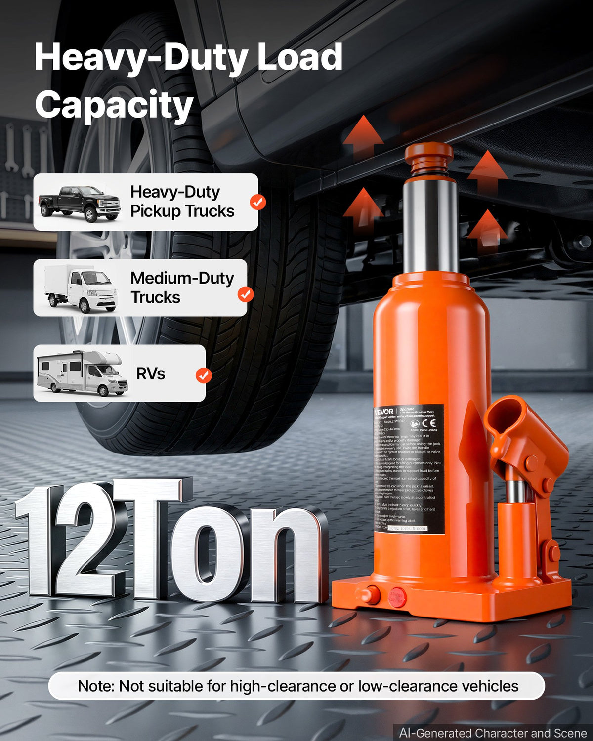VEVOR Hydraulic Bottle Jack 12 Ton (26455.5 lbs) 9.06"-17.32" Lifting Range, for Heavy-Duty Pickup Truck, Medium-Duty Truck, RV, Auto Repair, House Lift, Multi-Directional Welded Jack with Long Handle - DXPSQJD12TZJSXKRJ001V0 - view 3