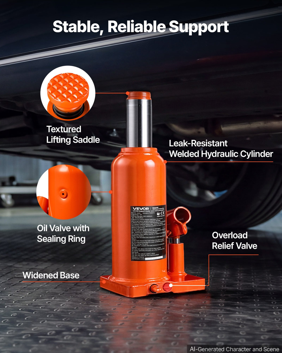 VEVOR Hydraulic Bottle Jack 12 Ton (26455.5 lbs) 9.06"-17.32" Lifting Range, for Heavy-Duty Pickup Truck, Medium-Duty Truck, RV, Auto Repair, House Lift, Multi-Directional Welded Jack with Long Handle - DXPSQJD12TZJSXKRJ001V0 - view 6